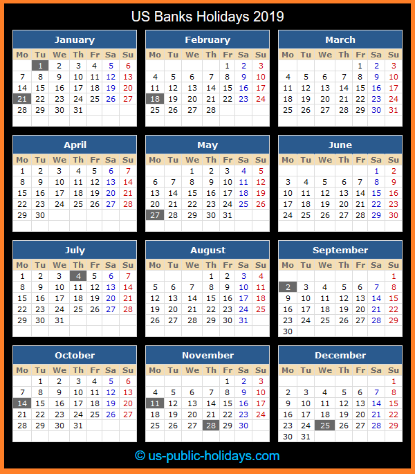 US Banks Holiday Calendar 2019